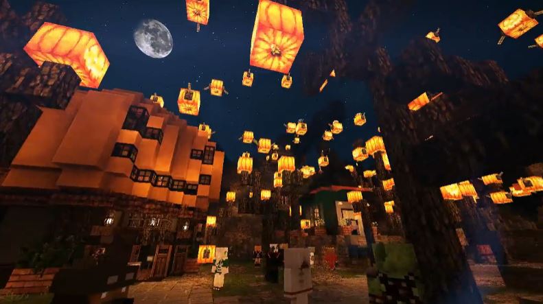 マイクラで作られたハロウィン村の世界観がヤバイ 空に浮かぶ無数のかぼちゃランプ 村に点在するハロウィンモチーフに ここ行ってみたい