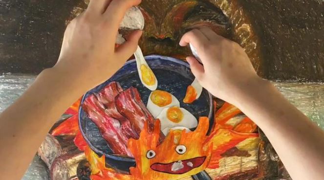 ハウルの動く城 のベーコンエッグを コマ撮りで 再現 絵本のようなタッチで描いたジブリ飯に 見てると腹減ってきたw の声
