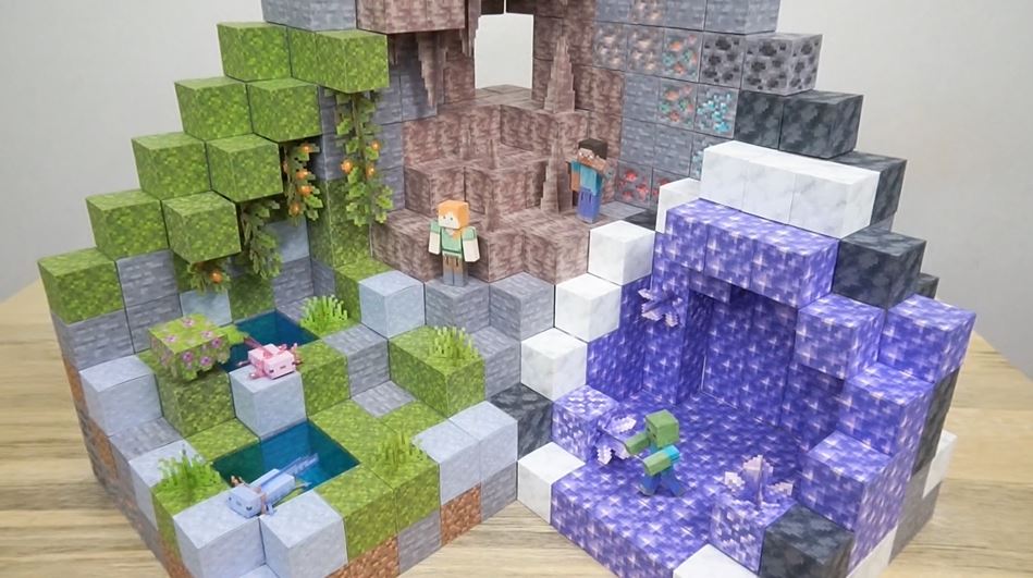 ウーパールーパーもいる Minecraft の大型アップデート 洞窟と崖 をペーパークラフトで再現してみた ニコニコニュース