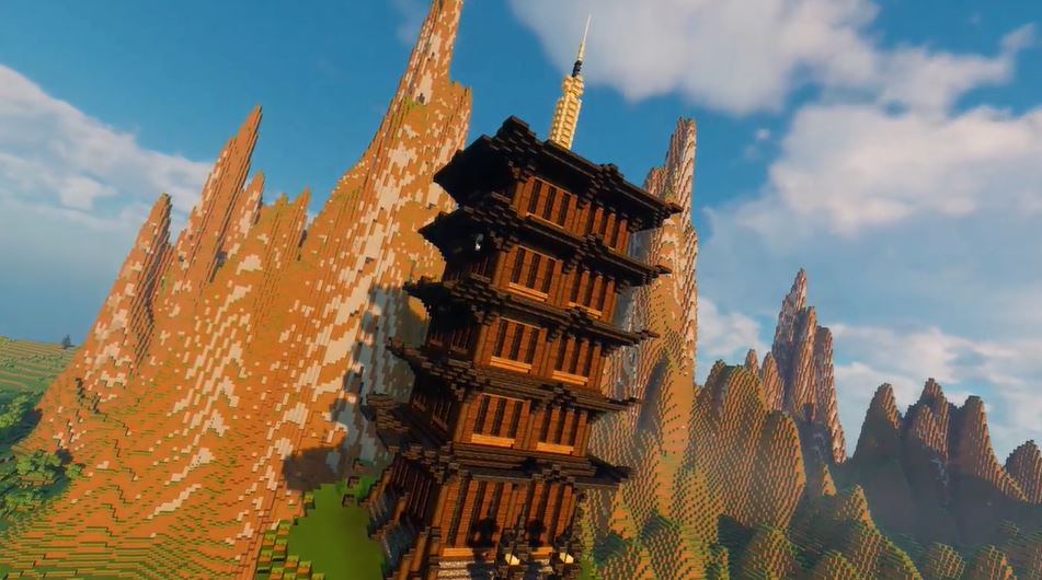 マイクラで 和風浮島城 を作ってみた 初詣用に神社も建立し 和風ファンタジー の世界が完成