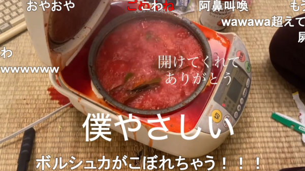 勘と目分量でボルシチを作ってみたら…大量の化学調味料と適当な具材、炊飯器から吹き出す真っ赤なスープに「人生RTA開始」「アル中カラカラを受け継ぐ者」の声