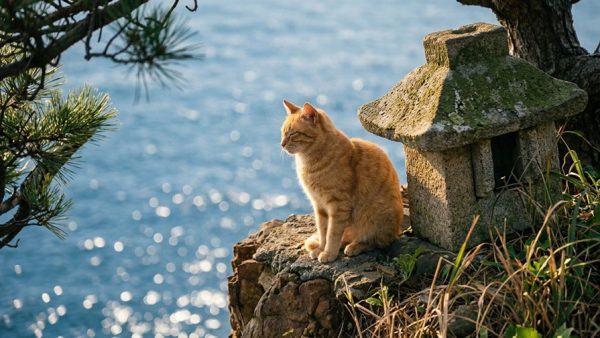 崖っぷちの祠へ猫と一緒に登ってみた！ ついてきた猫と眺める海辺の景色が美しい